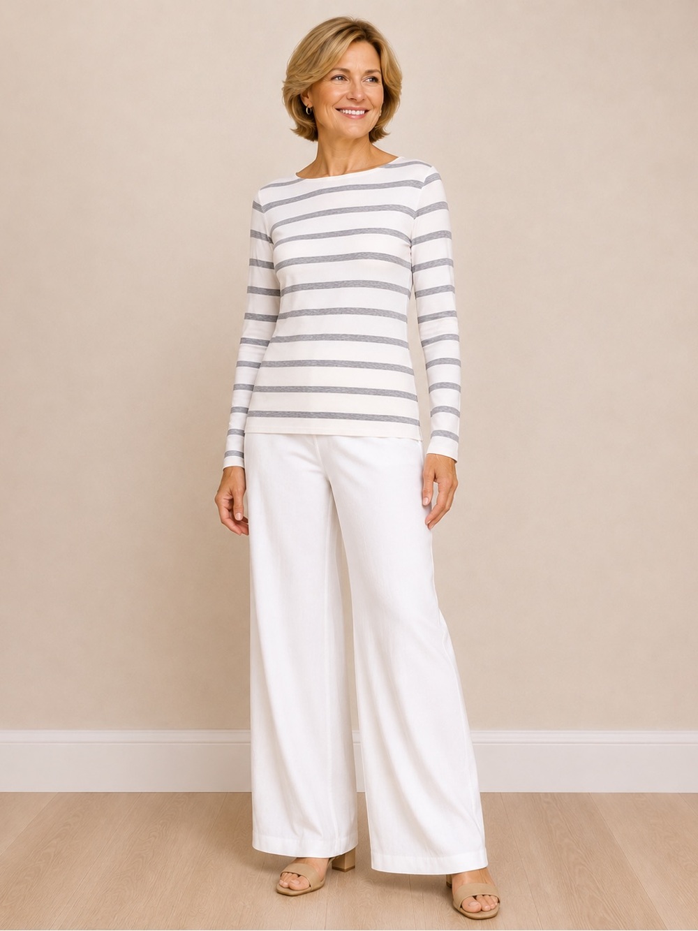 Eileen Fisher S White Gray Striped Tencel Lyocell Long Sleeve Top